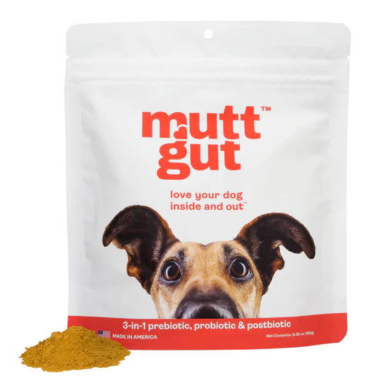 Muttgut Dog Food back in a white package with orange text